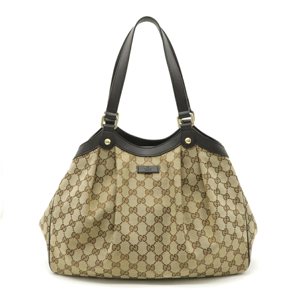 Gucci GG Canvas Tote Bag Shoulder Leather Beige Brown Cream